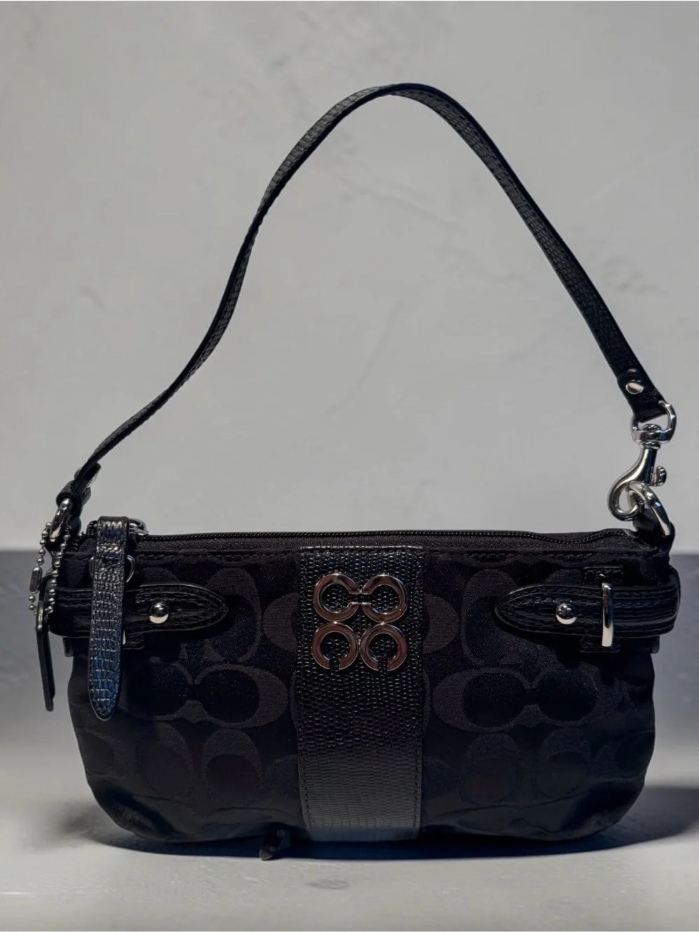 Coach Black Signature Jacquard Wrist/Shoulder Bag with Silver Hardware